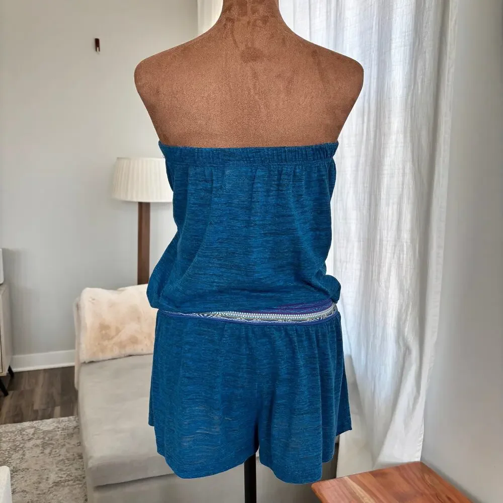 2000s Lucky Brand Bathing Suits Swim Romper Cover Up Strapless Blue Boho XS‎ / S